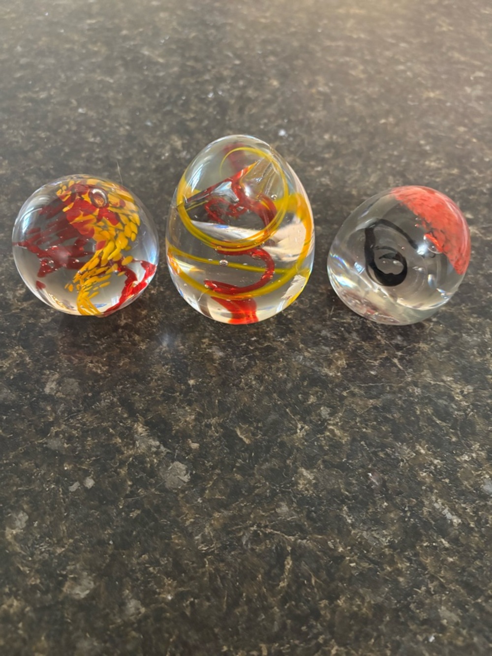 Set of 3 Handblown Glass Paperweights in Red, Yellow & Black